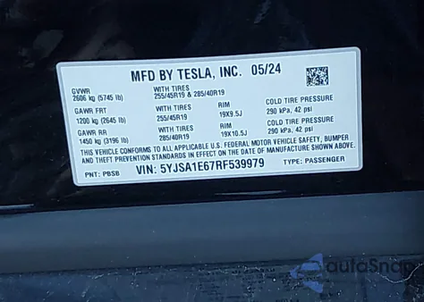 2024 Tesla Model S Plaid Tri Motor All-Wheel Drive из США, поврежденный, VIN 5YJSA1E67RF539979